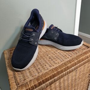 Skechers Men's Navy and Orange Hands Free Slip In Sneakers